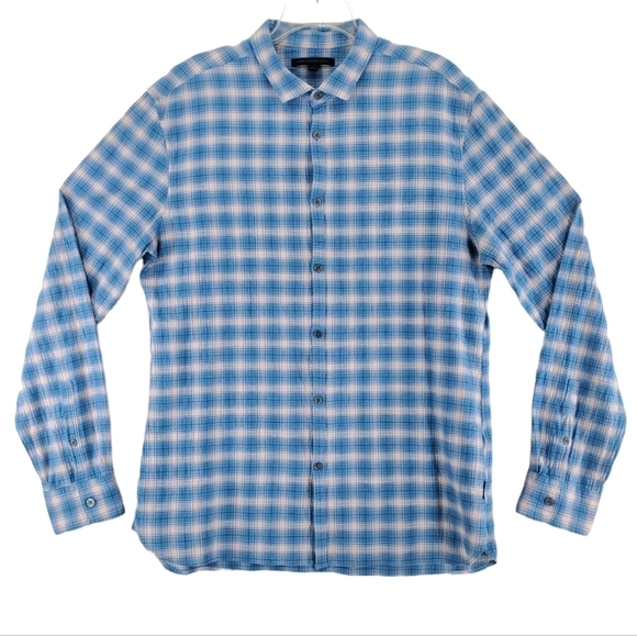John Varvatos Shirt Mens L Plaid Check Blue White Button Up Long Sleeve Cotton - Picture 1 of 12